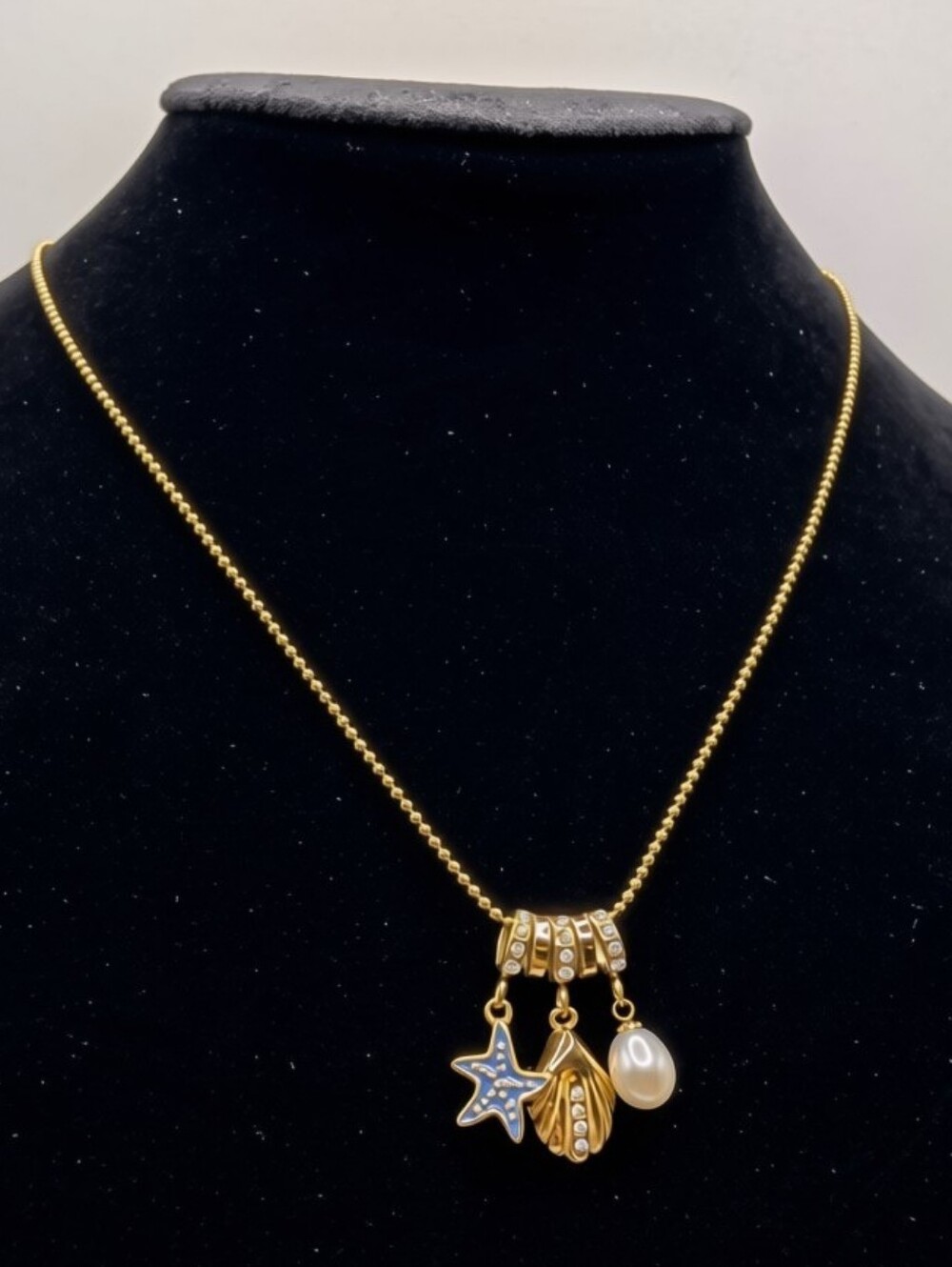 18k Plated Nautical Glam Necklace with Blue Starfish, Seashell and Pearl Charm